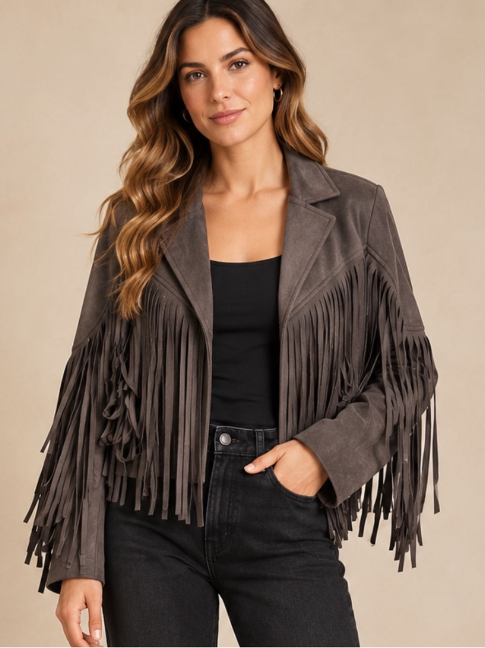 Chartoul Fringe faux suede Jacket in Brown size L Frenge cowboy